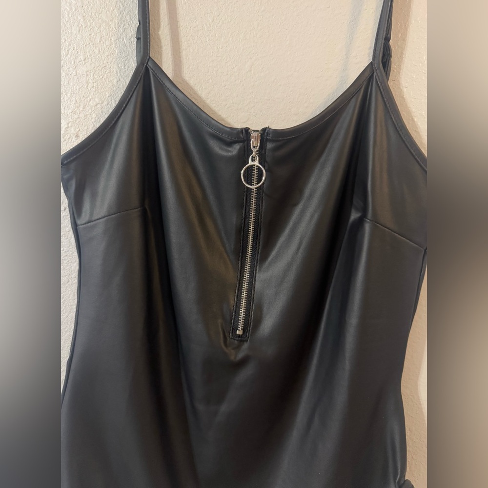 Black Faux Leather Zip-Up Bodysuit